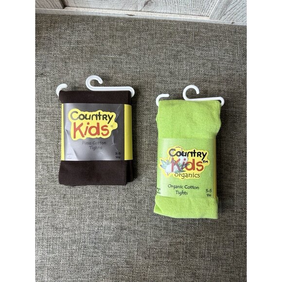 Country Kids Organic Pima Cotton Tights Toddler Size 3-5 Yrs Green Brown 2 Pk - Picture 1 of 5